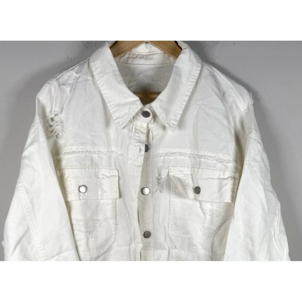 Y2K Distressed White Denim Jacket Long Sleeve Button Casual Womens‎ 3XL NEW